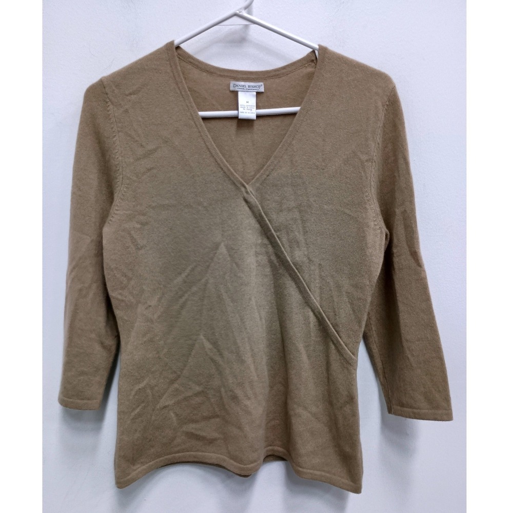 VTG Daniel Bishop Cashmere Sweater Womens Medium Tan Faux Wrap V-Neck 3/4 Sleeve